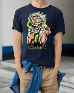 Mad Scientist Cartoon Tee - model wearing Navy T-shirt, hands in pockets, denim shirt at waist