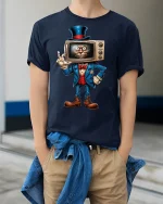 Retro TV Head Creepy T-shirt - model wearing Navy T-shirt, hands in pockets, denim shirt at waist