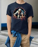 Creepy Zombie Nurse Claw T-shirt - model wearing Navy T-shirt, hands in pockets, denim shirt at waist