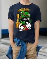 Space Warrior Cartoon Graphic T-shirt - model wearing Navy T-shirt, hands in pockets, denim shirt at waist