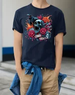 Movie Screams Horror Skull T-shirt - model wearing Navy T-shirt, hands in pockets, denim shirt at waist