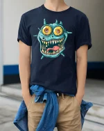 Crazy Monster Face Funny T-shirt - model wearing Navy T-shirt, hands in pockets, denim shirt at waist