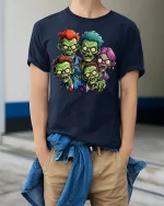 Funny Cartoon Zombie Squad Horror T-shirt - model wearing Navy T-shirt, hands in pockets, denim shirt at waist