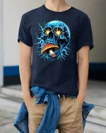 Electric Skull With Mushroom Tee - model wearing Navy T-shirt, hands in pockets, denim shirt at waist