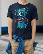 Monster Soda Can Cyclops T-shirt - model wearing Navy T-shirt, hands in pockets, denim shirt at waist