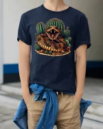 Desert Rattlesnake Cactus Graphic T-shirt - model wearing Navy T-shirt, hands in pockets, denim shirt at waist