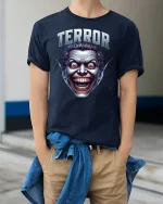 Terror Face Horror T-shirt - model wearing Navy T-shirt, hands in pockets, denim shirt at waist