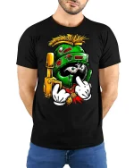Space Warrior Cartoon Graphic T-shirt - model with hands behind back, wearing Black T-shirt and blue jeans