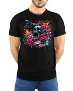 Movie Screams Horror Skull T-shirt - model with hands behind back, wearing Black T-shirt and blue jeans