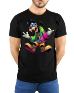 Colorful Hip Hop Dog Streetwear T-shirt - model with hands behind back, wearing Black T-shirt and blue jeans