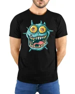 Crazy Monster Face Funny T-shirt - model with hands behind back, wearing Black T-shirt and blue jeans
