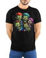 Funny Cartoon Zombie Squad Horror T-shirt - model with hands behind back, wearing Black T-shirt and blue jeans