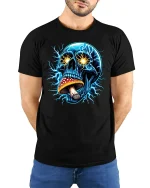 Electric Skull With Mushroom Tee - model with hands behind back, wearing Black T-shirt and blue jeans
