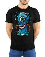 Monster Soda Can Cyclops T-shirt - model with hands behind back, wearing Black T-shirt and blue jeans