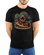 Desert Rattlesnake Cactus Graphic T-shirt - model with hands behind back, wearing Black T-shirt and blue jeans