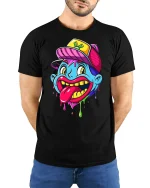 Wacky Cartoon Face Dripping T-shirt - model with hands behind back, wearing Black T-shirt and blue jeans