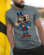 Retro TV Head Creepy T-shirt - model leaning on yellow-black pole, wearing Gray T-shirt, hand in pocket