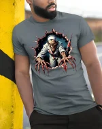 Creepy Zombie Nurse Claw T-shirt - model leaning on yellow-black pole, wearing Gray T-shirt, hand in pocket