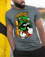 Space Warrior Cartoon Graphic T-shirt - model leaning on yellow-black pole, wearing Gray T-shirt, hand in pocket