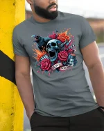 Movie Screams Horror Skull T-shirt - model leaning on yellow-black pole, wearing Gray T-shirt, hand in pocket