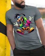 Colorful Hip Hop Dog Streetwear T-shirt - model leaning on yellow-black pole, wearing Gray T-shirt, hand in pocket