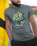 Crazy Monster Face Funny T-shirt - model leaning on yellow-black pole, wearing Gray T-shirt, hand in pocket