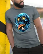 Electric Skull With Mushroom Tee - model leaning on yellow-black pole, wearing Gray T-shirt, hand in pocket