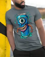 Monster Soda Can Cyclops T-shirt - model leaning on yellow-black pole, wearing Gray T-shirt, hand in pocket