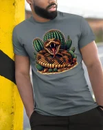 Desert Rattlesnake Cactus Graphic T-shirt - model leaning on yellow-black pole, wearing Gray T-shirt, hand in pocket