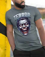 Terror Face Horror T-shirt - model leaning on yellow-black pole, wearing Gray T-shirt, hand in pocket