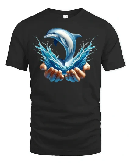 Dolphin Splash Graphic T-shirt - black t-shirt on white background