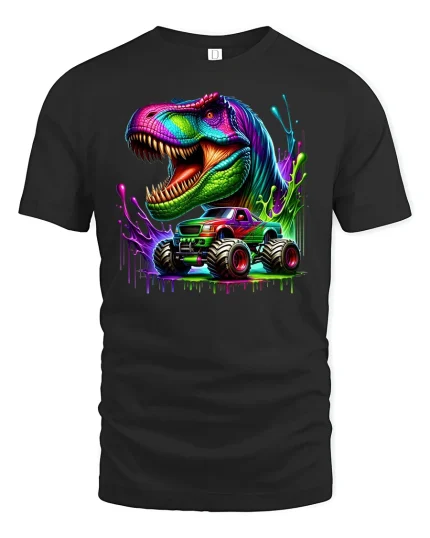 Neon Dinosaur Monster Truck T-shirt - black t-shirt on white background