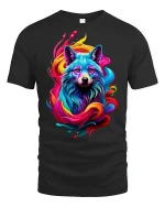 Vibrant Neon Wolf Splash Art T-shirt - black t-shirt on white background