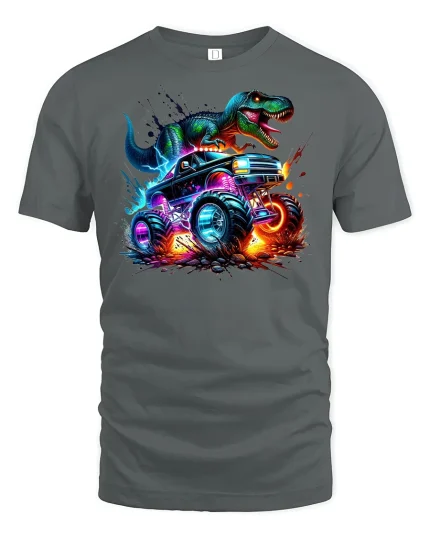 T-Rex Monster Truck T-shirt - gray t-shirt on white background