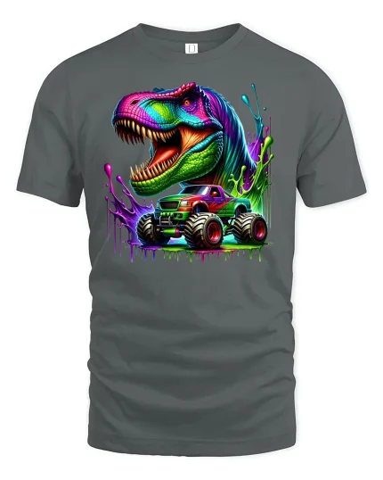 Neon Dinosaur Monster Truck T-shirt - gray t-shirt on white background