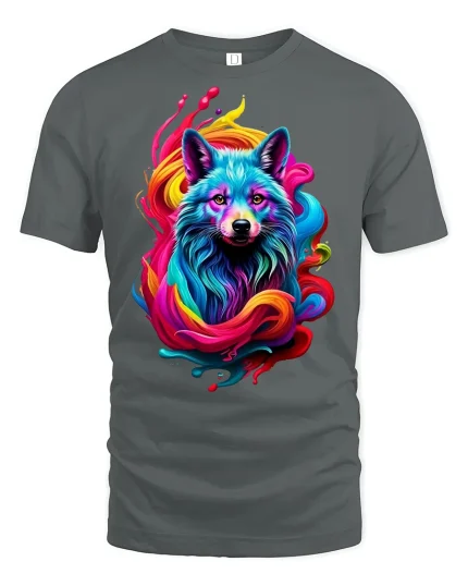 Vibrant Neon Wolf Splash Art T-shirt - gray t-shirt on white background
