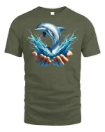 Dolphin Splash Graphic T-shirt - military green t-shirt on white background