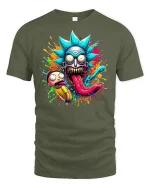 Crazy Cartoon Monster Face Tee - military green t-shirt on white background