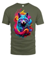 Vibrant Neon Wolf Splash Art T-shirt - military green t-shirt on white background