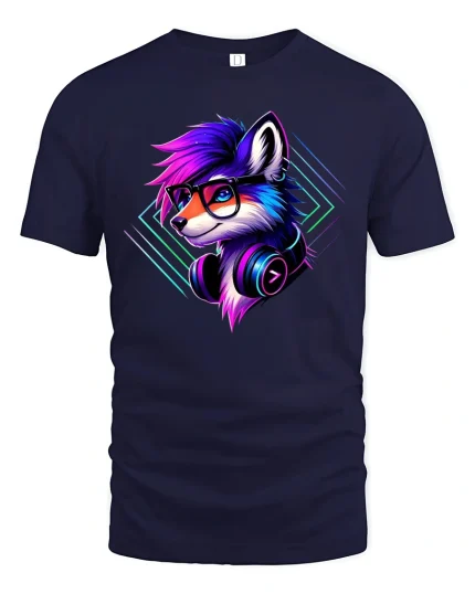 Neon Wolf Headphones Graphic Tee - navy t-shirt on white background