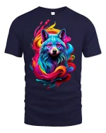Vibrant Neon Wolf Splash Art T-shirt - navy t-shirt on white background