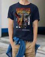 Dauntless Rhino Graphic Streetwear T-shirt - model wearing Navy T-shirt, hands in pockets, denim shirt at waist