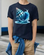 Ocean Seashell Splash Graphic T-shirt - model wearing Navy T-shirt, hands in pockets, denim shirt at waist