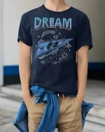 Dream Big Money Plane Tee - model wearing Navy T-shirt, hands in pockets, denim shirt at waist
