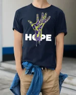 Futuristic Hope Hand Tee - model wearing Navy T-shirt, hands in pockets, denim shirt at waist
