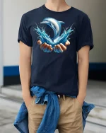 Dolphin Splash Graphic T-shirt - model wearing Navy T-shirt, hands in pockets, denim shirt at waist