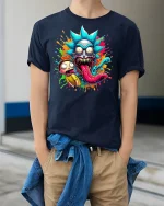 Crazy Cartoon Monster Face Tee - model wearing Navy T-shirt, hands in pockets, denim shirt at waist