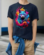 Vibrant Neon Wolf Splash Art T-shirt - model wearing Navy T-shirt, hands in pockets, denim shirt at waist