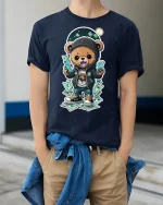 Hip Hop Money Bear Streetwear T-shirt - model wearing Navy T-shirt, hands in pockets, denim shirt at waist