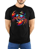 Cool Crab Party Vibes Funny T-shirt - model with hands behind back, wearing Black T-shirt and blue jeans